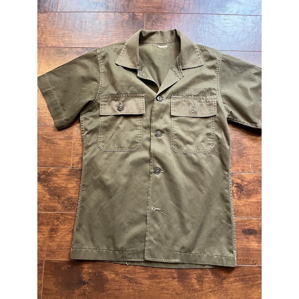 Vintage Airforce Utility Short Sleeve Button Drown Green Military Shirt READ BEL